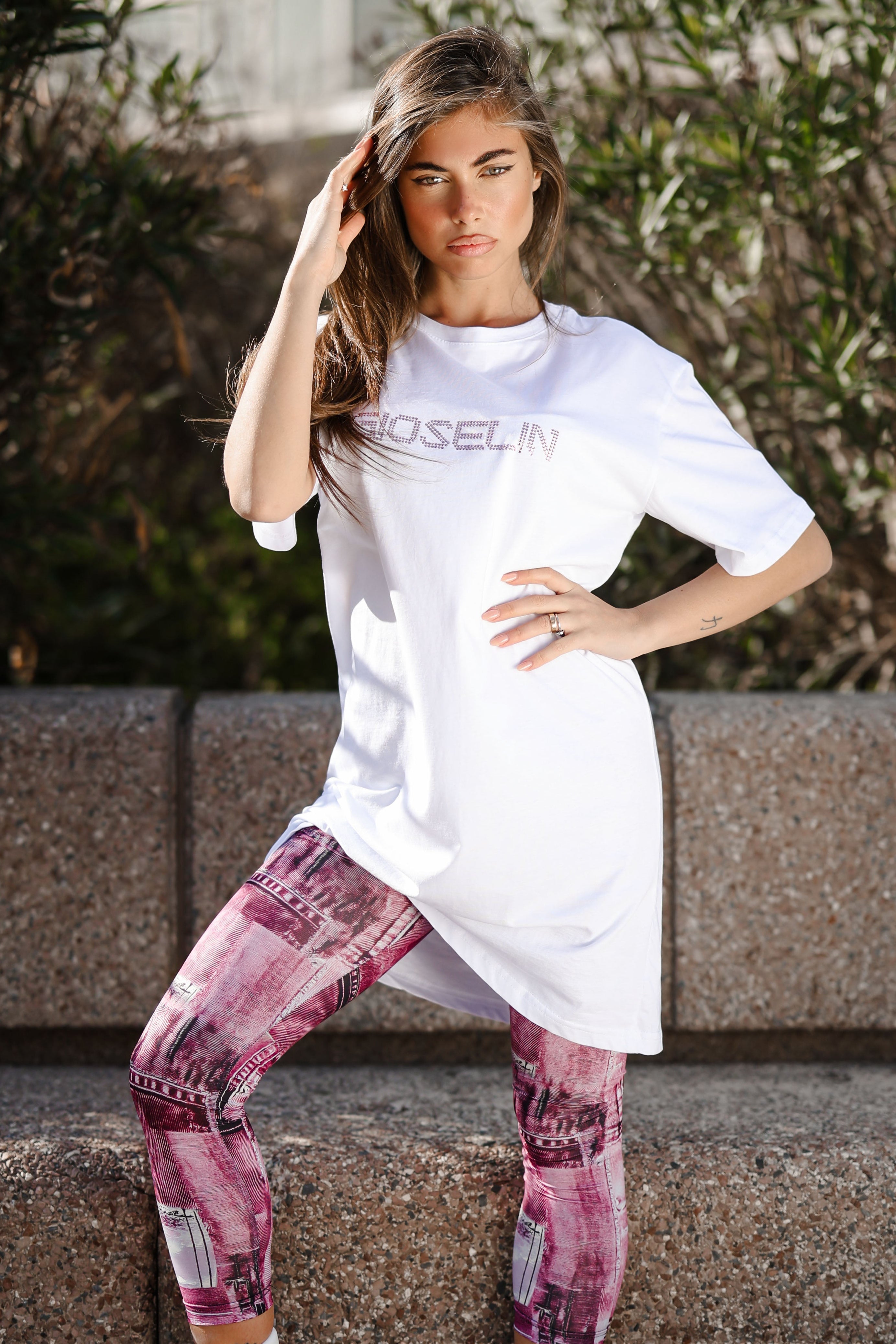 Ensemble chemise diamant et leggings en jean rose