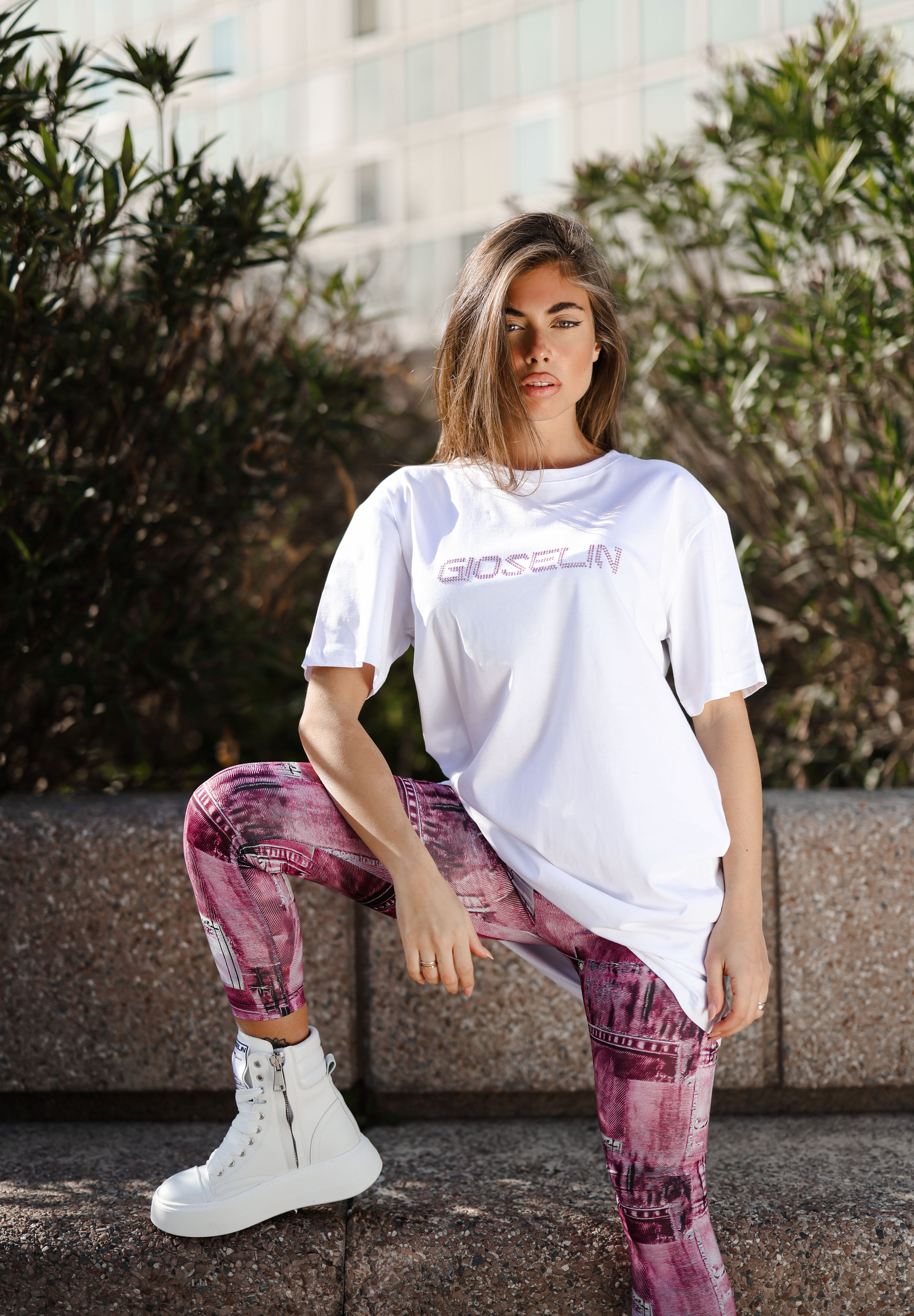 Ensemble chemise diamant et leggings en jean rose